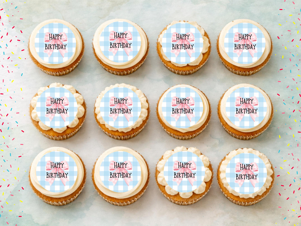 Blue and Pink Happy Birthday Edible Cupcake Toppers – Birthday Cake Decorations