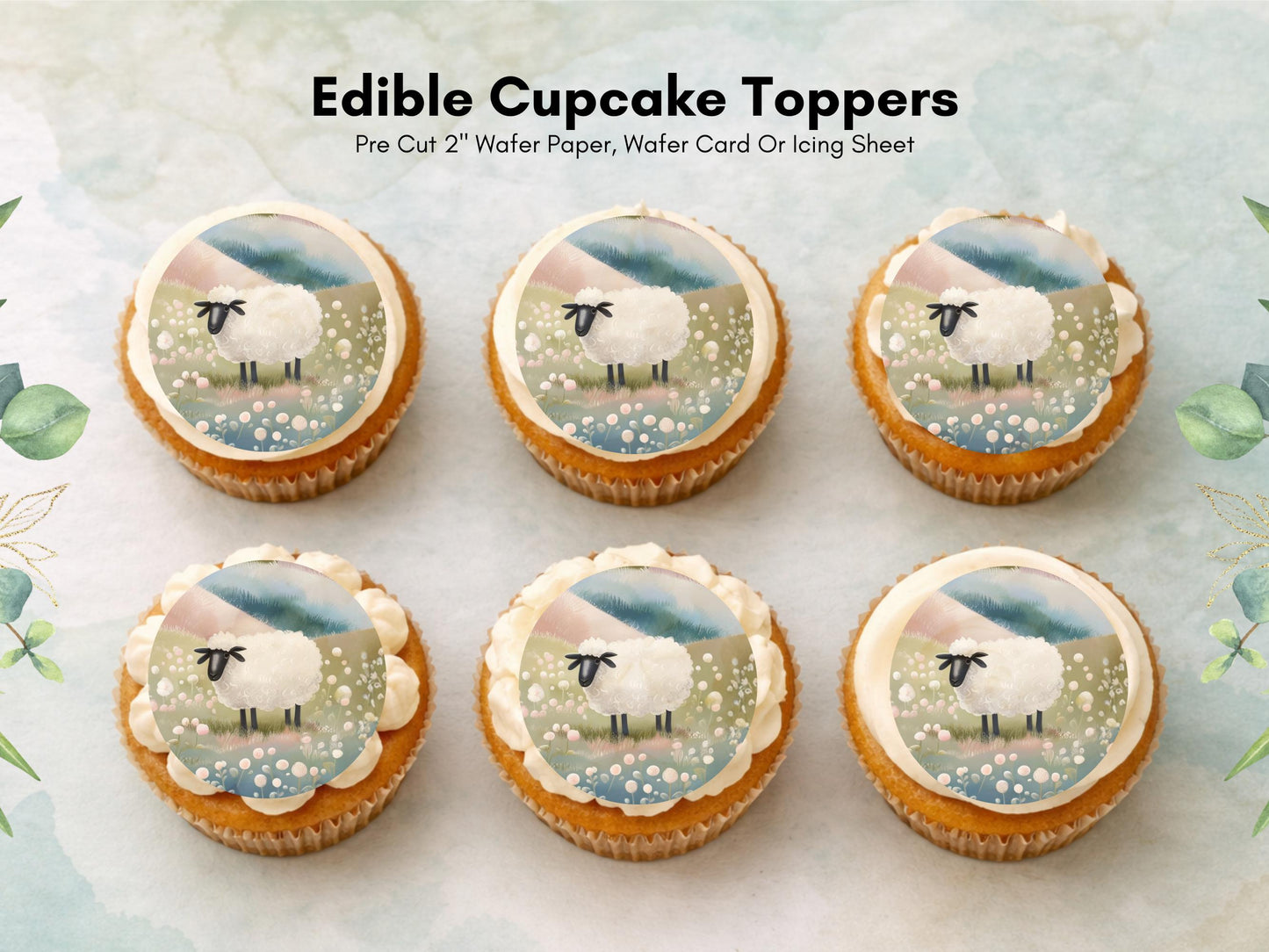 Sheep Edible Cupcake Toppers 12 x 2" Precut Wafer Paper, Card or Icing Sheet
