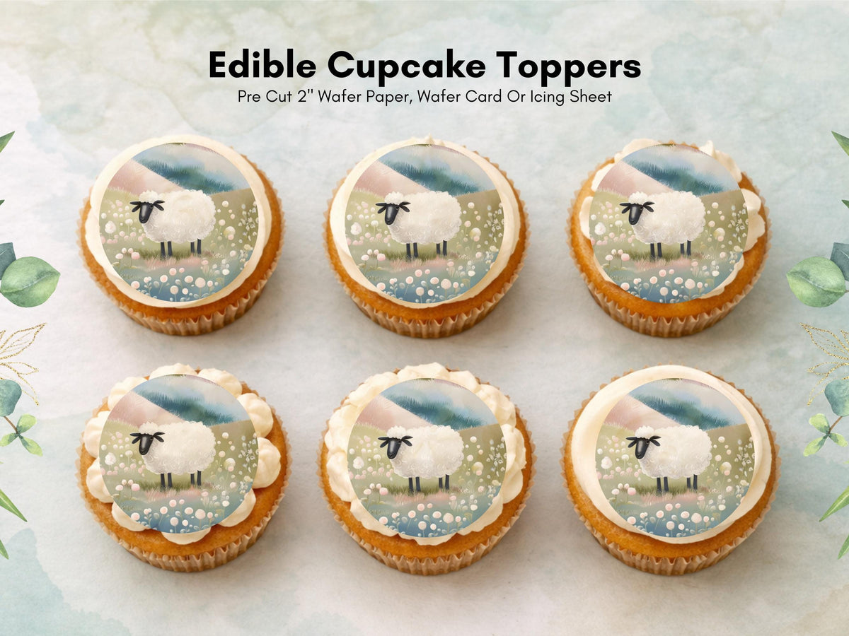 Sheep Edible Cupcake Toppers 12 x 2" Precut Wafer Paper, Card or Icing Sheet