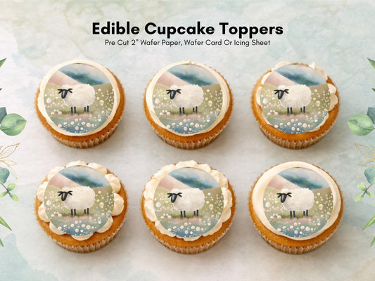 Sheep Edible Cupcake Toppers 12 x 2" Precut Wafer Paper, Card or Icing Sheet