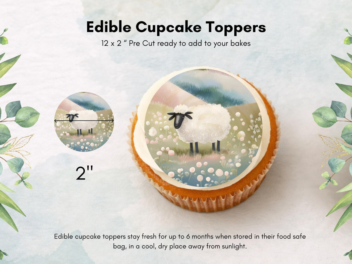 Sheep Edible Cupcake Toppers 12 x 2" Precut Wafer Paper, Card or Icing Sheet