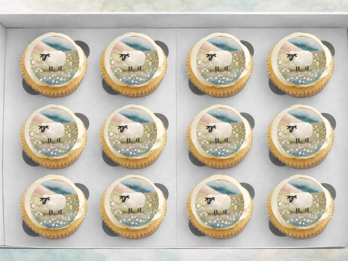 Sheep Edible Cupcake Toppers 12 x 2" Precut Wafer Paper, Card or Icing Sheet