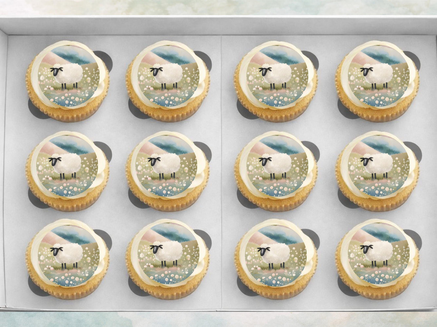 Sheep Edible Cupcake Toppers 12 x 2" Precut Wafer Paper, Card or Icing Sheet