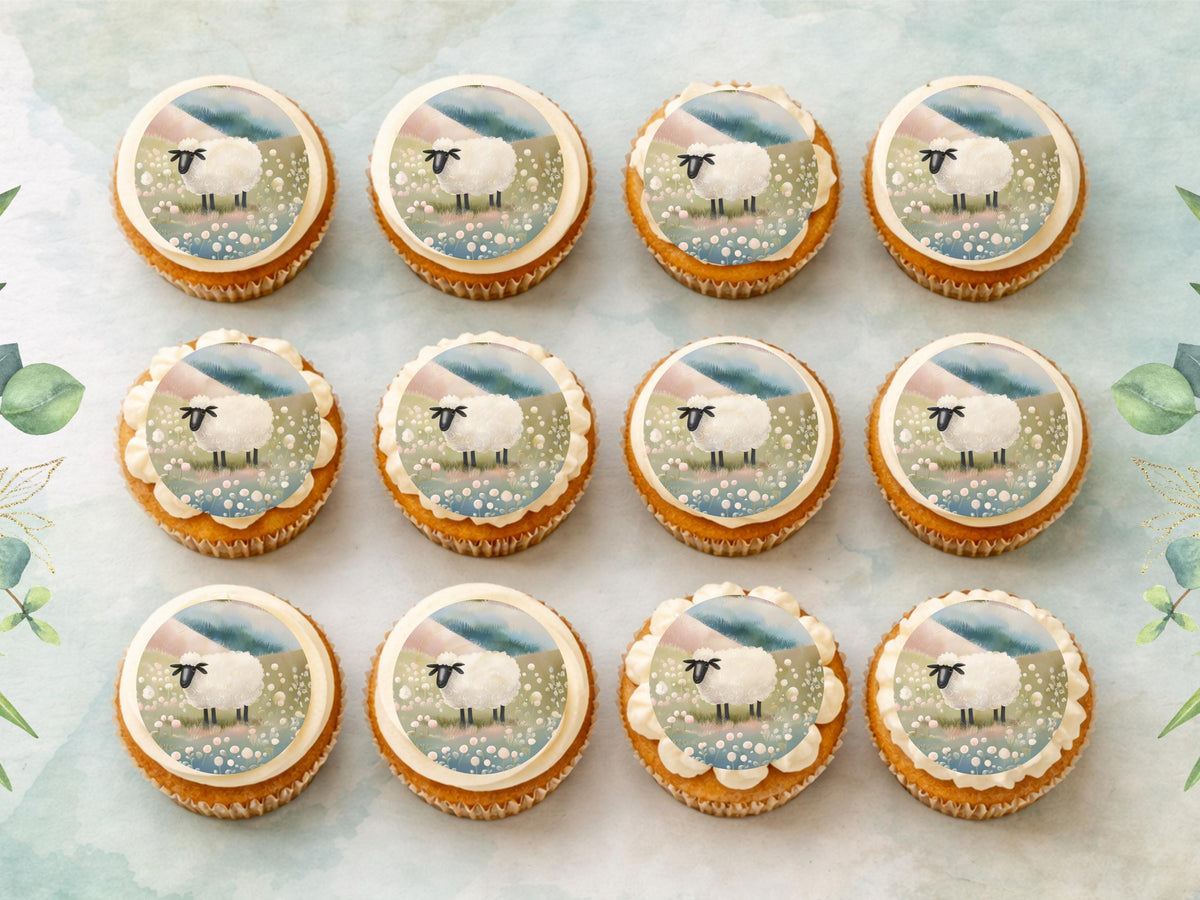 Sheep Edible Cupcake Toppers 12 x 2" Precut Wafer Paper, Card or Icing Sheet