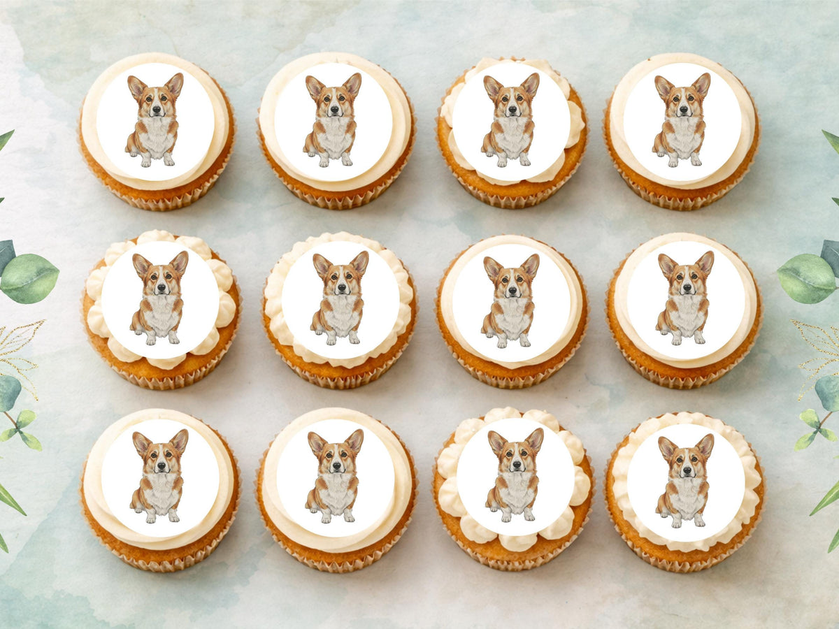 Corgi Edible Cupcake Toppers – 12 x 2" Pre-Cut Corgi Cake Decorations