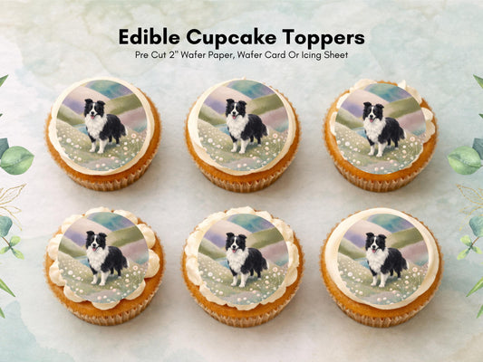 Border Collie Edible Cupcake Toppers 12 x 2" Dog Cake Toppers