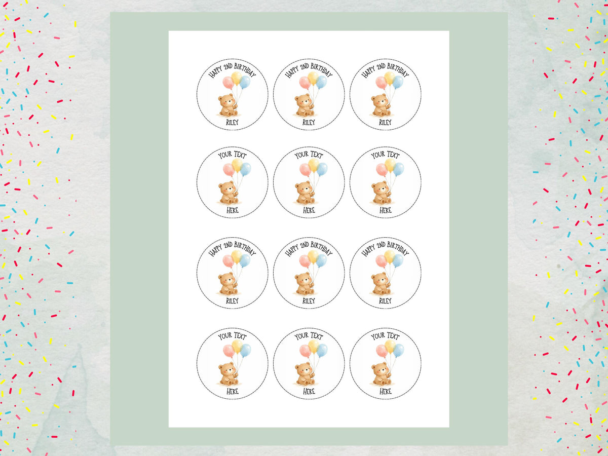 Personalised Bear with Balloons Cupcake Toppers - Edible Cake Decorations