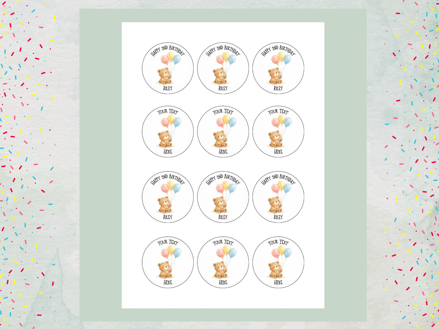 Personalised Bear with Balloons Cupcake Toppers - Edible Cake Decorations