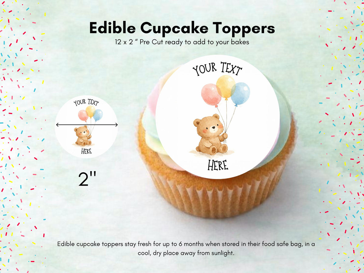 Personalised Bear with Balloons Cupcake Toppers - Edible Cake Decorations