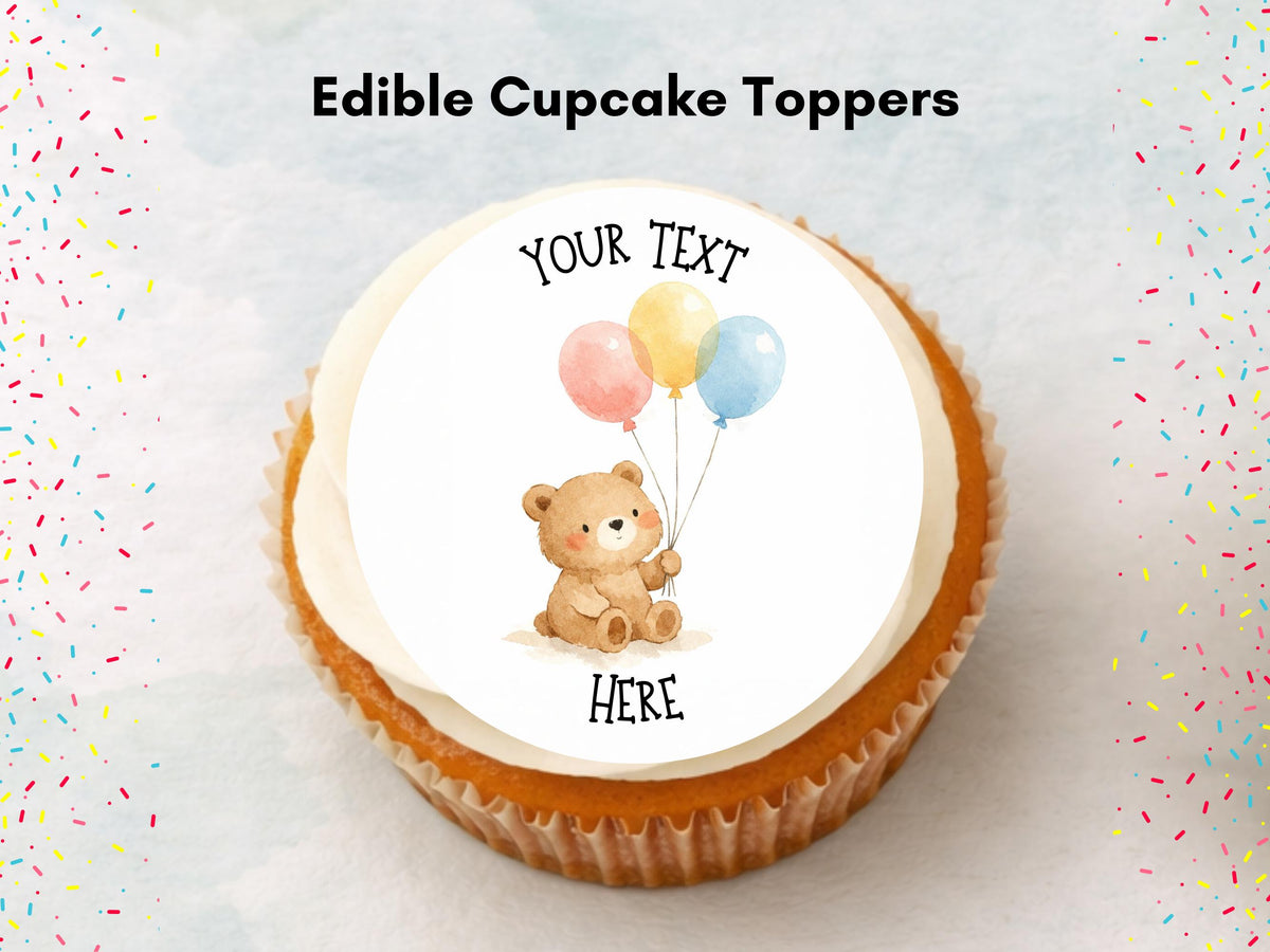 Personalised Bear with Balloons Cupcake Toppers - Edible Cake Decorations