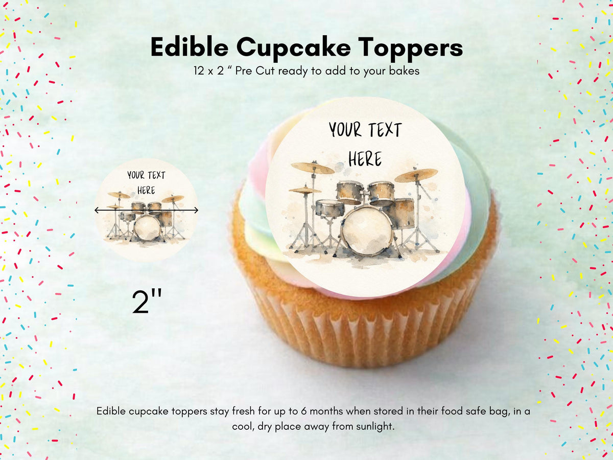Personalised Drum Kit Cupcake Toppers - Edible Music Cake Decorations