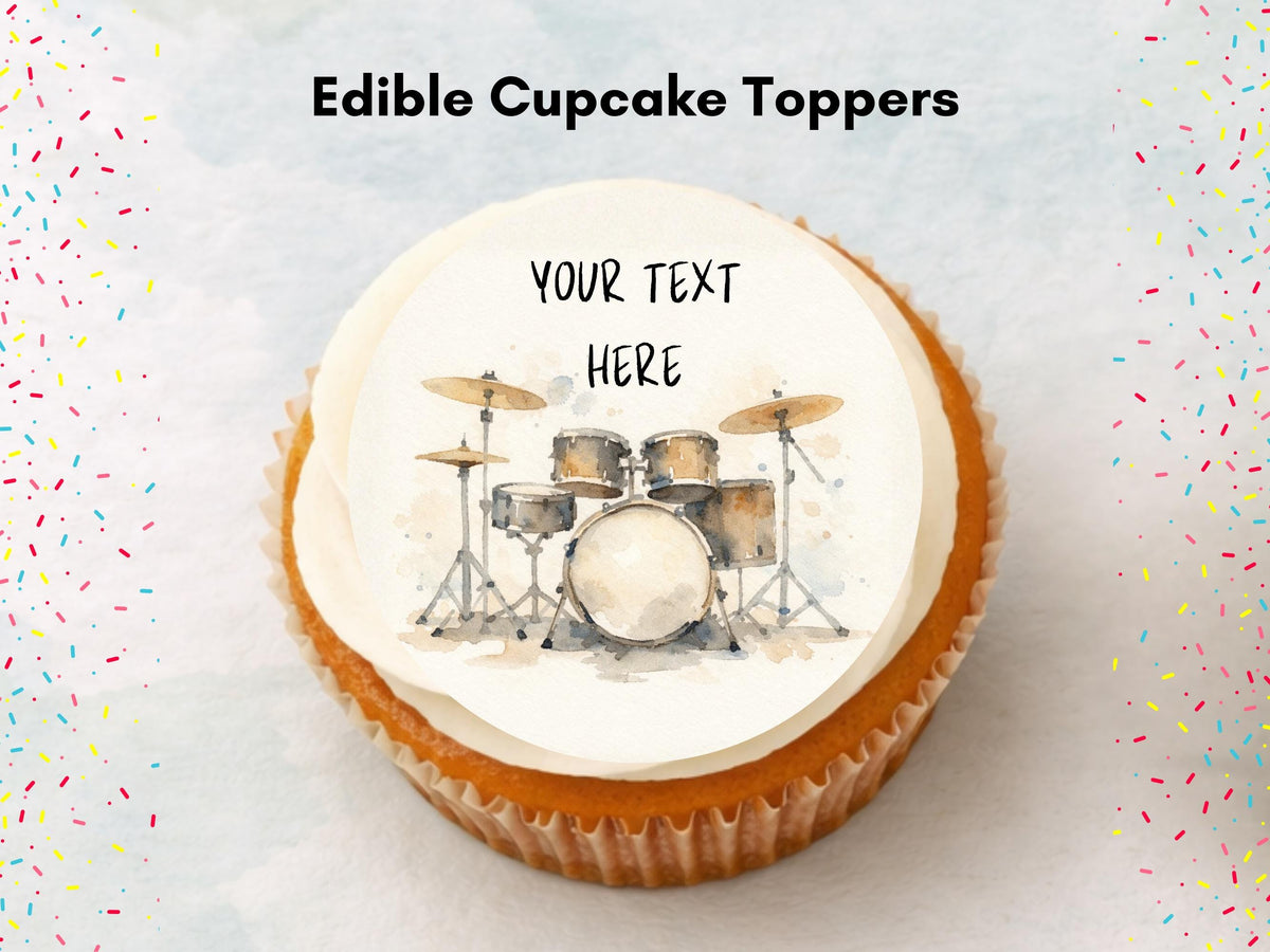 Personalised Drum Kit Cupcake Toppers - Edible Music Cake Decorations
