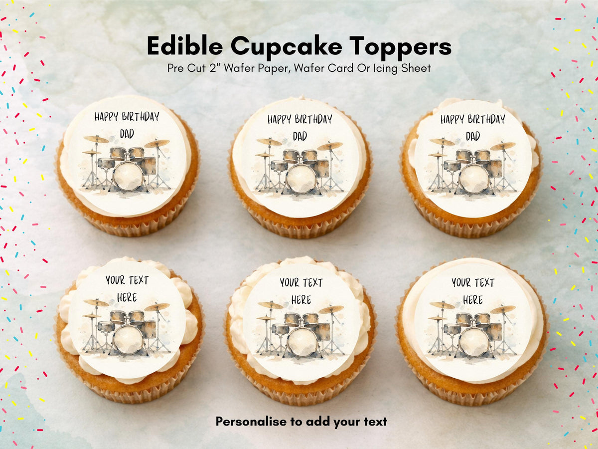 Personalised Drum Kit Cupcake Toppers - Edible Music Cake Decorations