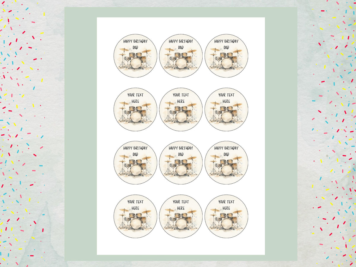 Personalised Drum Kit Cupcake Toppers - Edible Music Cake Decorations