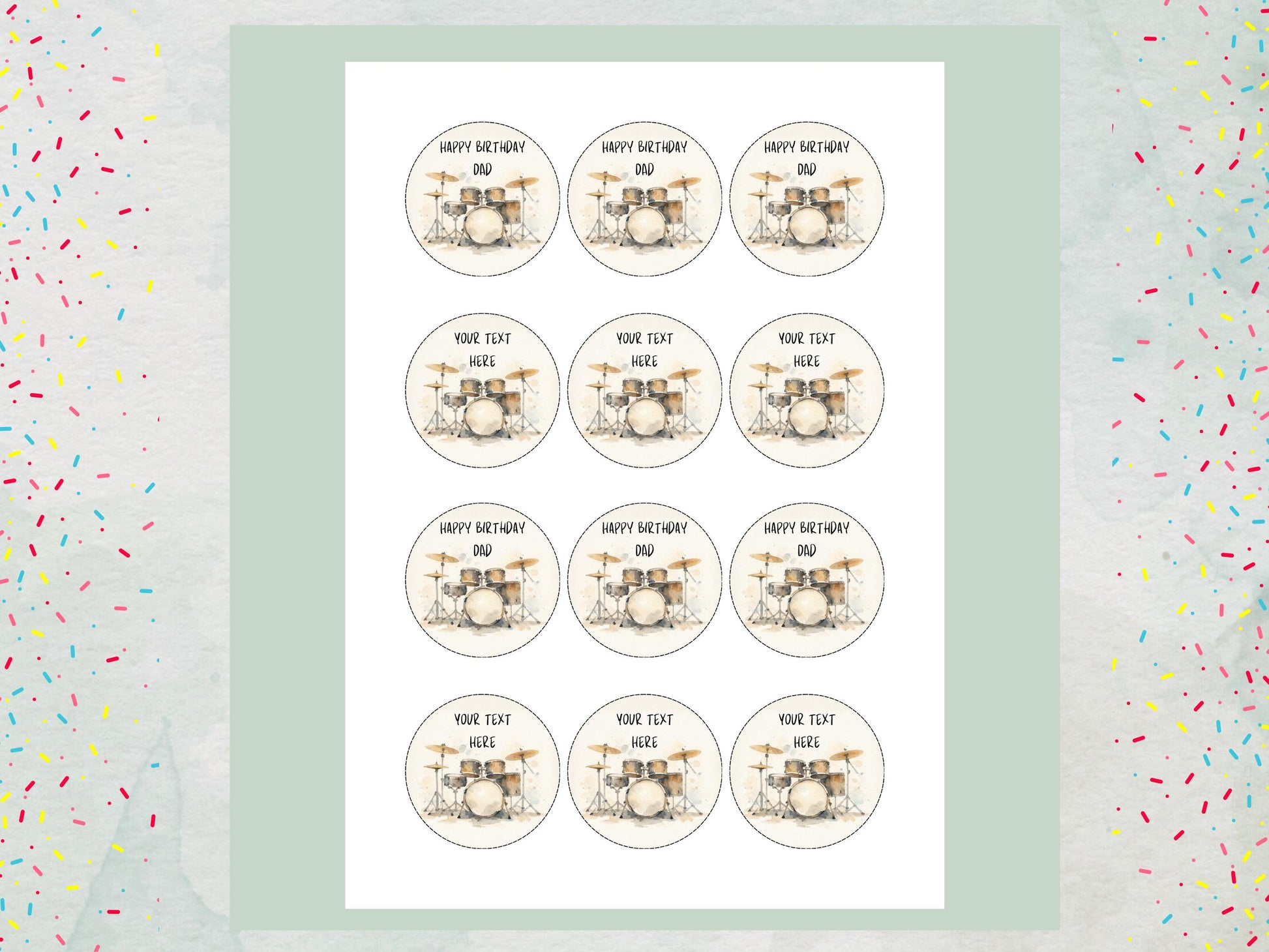 Personalised Drum Kit Cupcake Toppers - Edible Music Cake Decorations