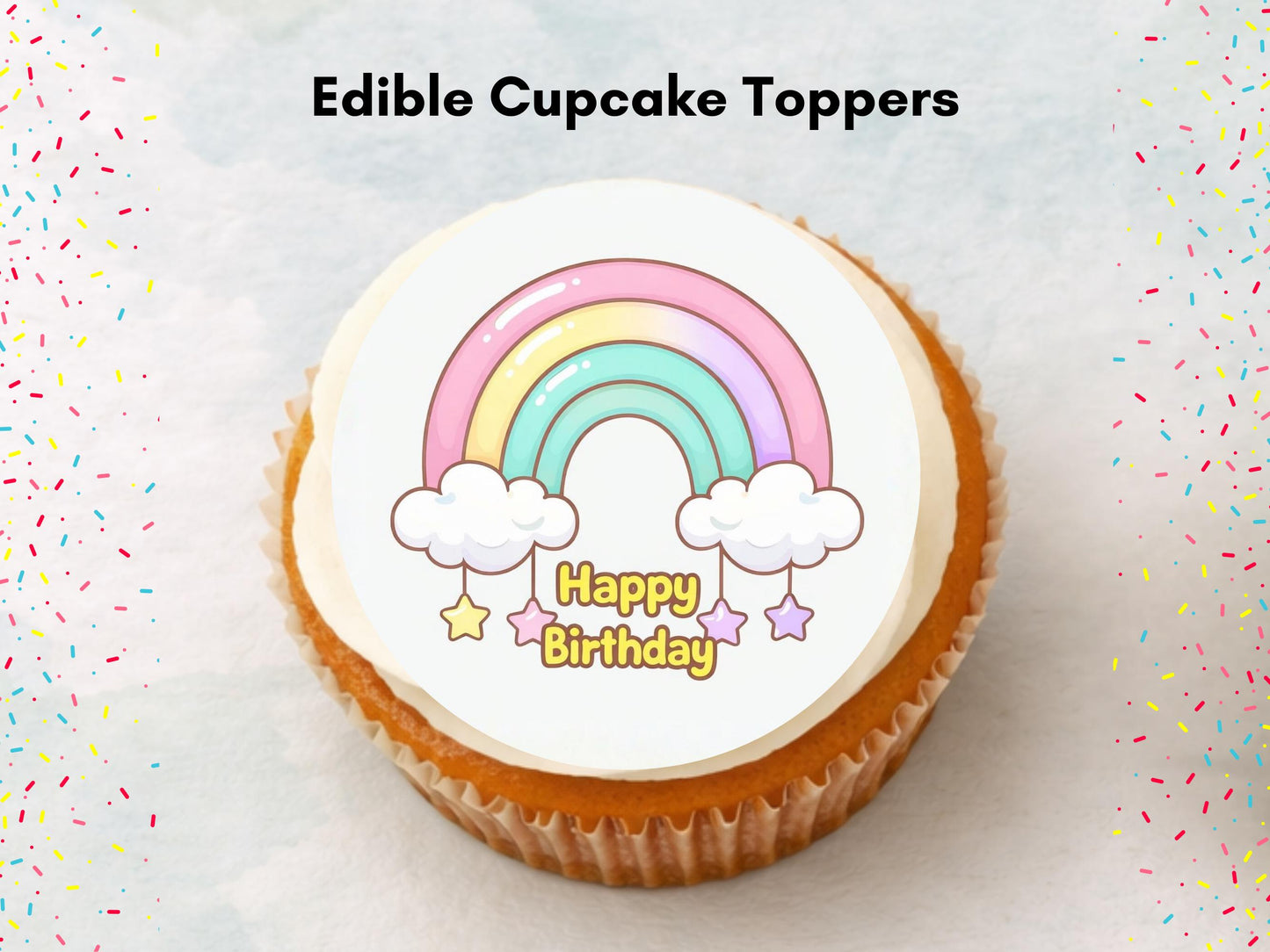 Rainbow Happy Birthday Edible Cupcake Toppers, Birthday Cake Decorations