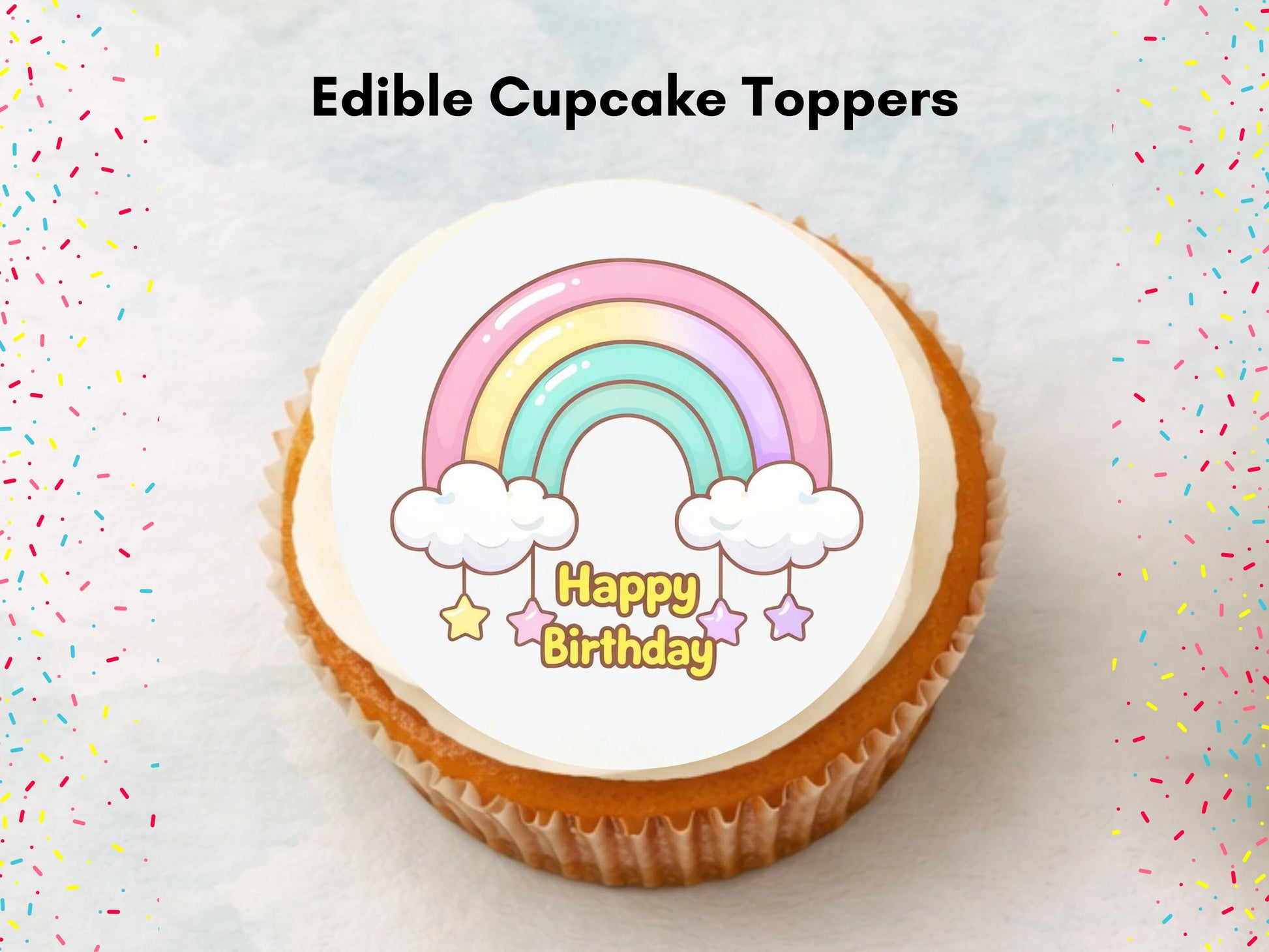 Rainbow Happy Birthday Edible Cupcake Toppers, Birthday Cake Decorations