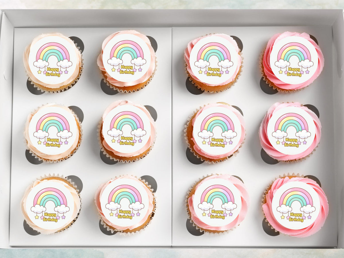 Rainbow Happy Birthday Edible Cupcake Toppers, Birthday Cake Decorations