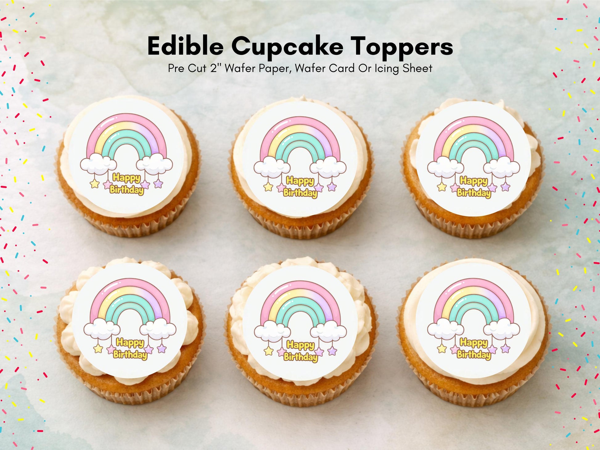 Rainbow Happy Birthday Edible Cupcake Toppers, Birthday Cake Decorations