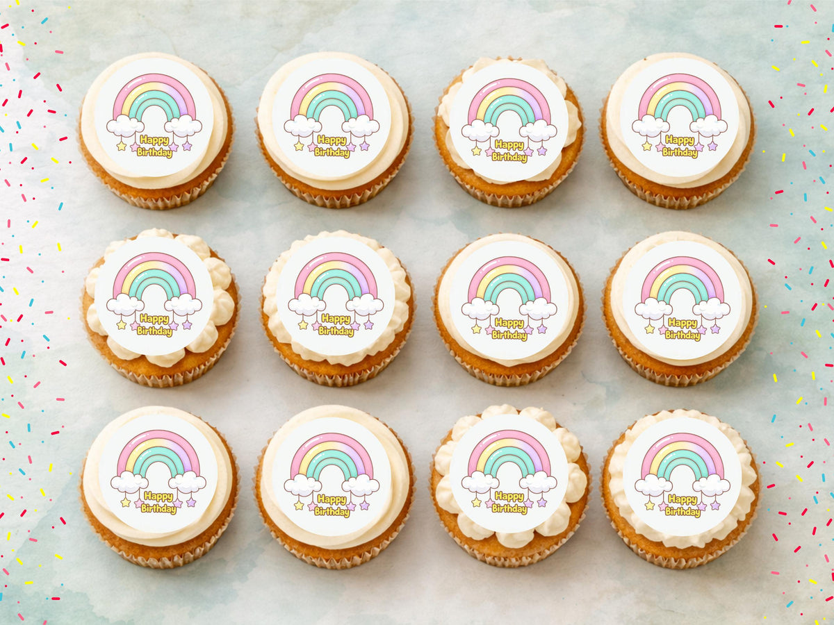 Rainbow Happy Birthday Edible Cupcake Toppers, Birthday Cake Decorations