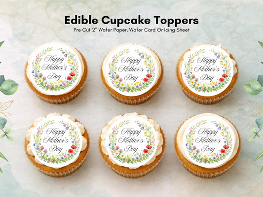 Happy Mother's Day Cupcake Toppers: Edible Floral Cake Decorations