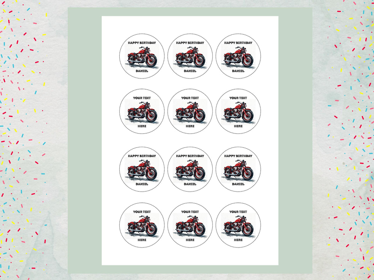 Personalised Motorcycle Cupcake Toppers - Edible Cake Decorations