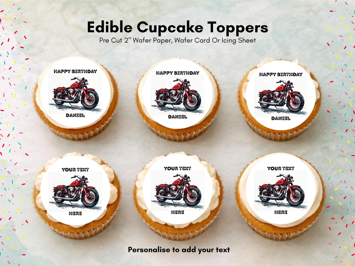 Personalised Motorcycle Cupcake Toppers - Edible Cake Decorations