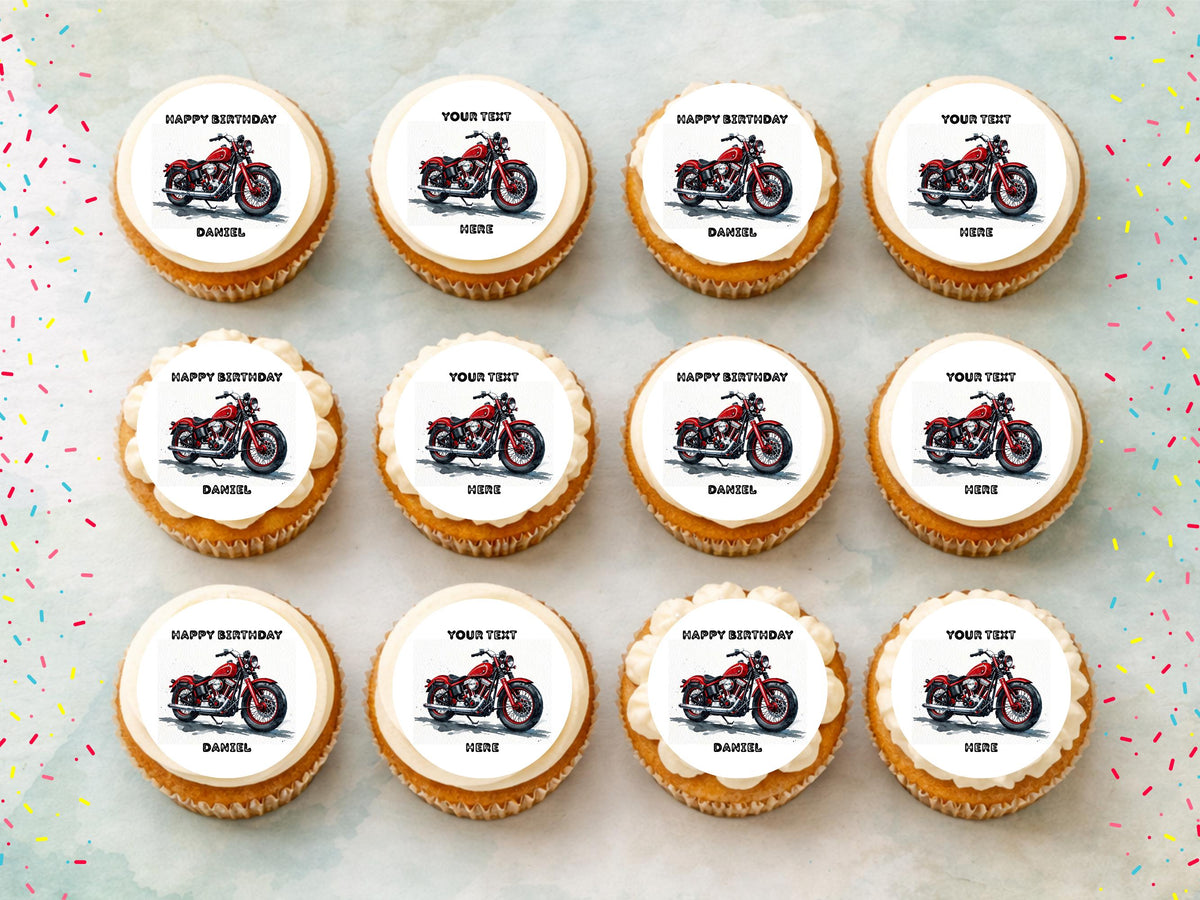 Personalised Motorcycle Cupcake Toppers - Edible Cake Decorations