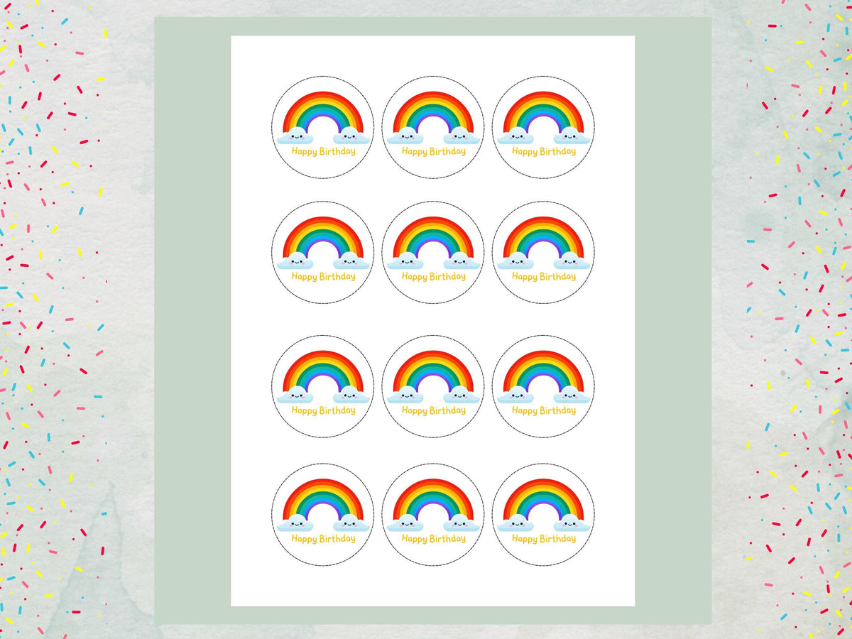 Rainbow Happy Birthday Edible Cupcake Toppers, Birthday Cake Decorations