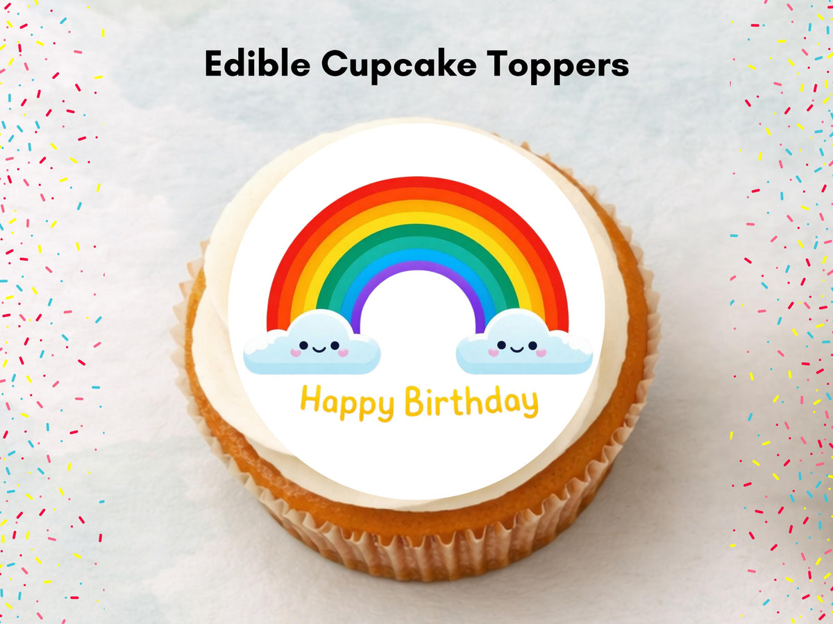 Rainbow Happy Birthday Edible Cupcake Toppers, Birthday Cake Decorations