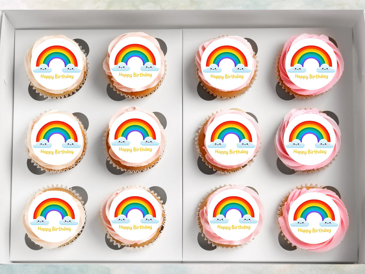 Rainbow Happy Birthday Edible Cupcake Toppers, Birthday Cake Decorations