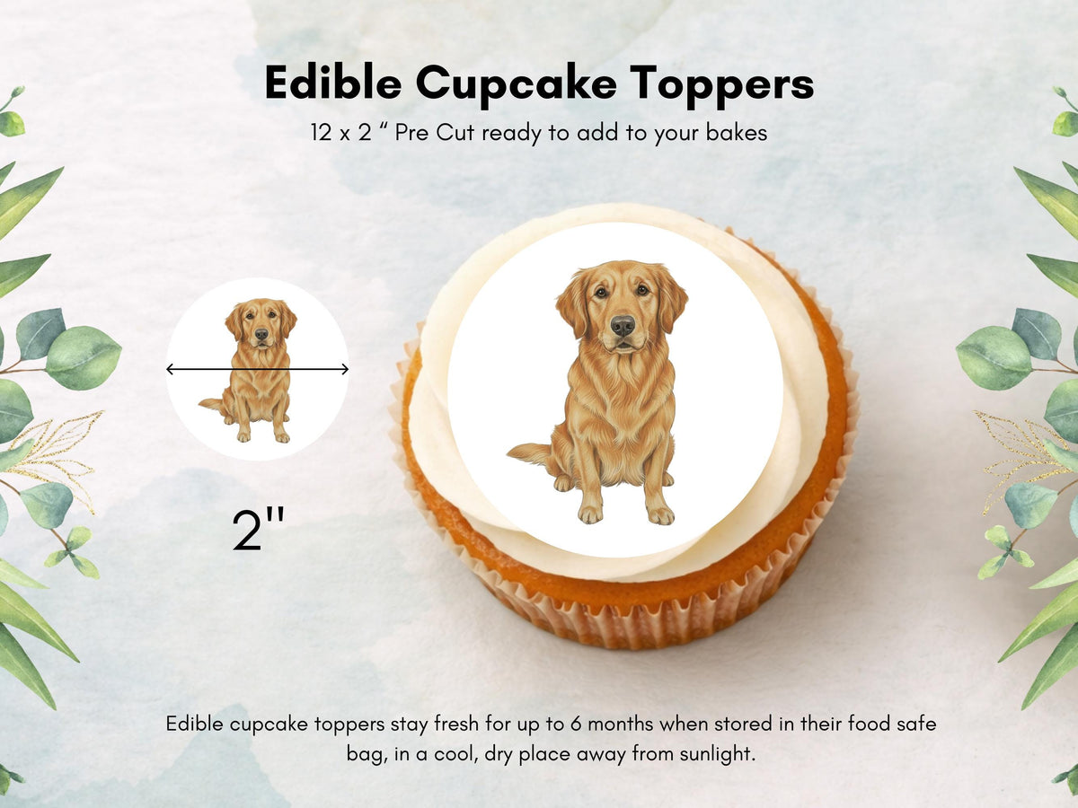 Golden Retriever Edible Cupcake Toppers 12 x 2" Dog Cake Toppers