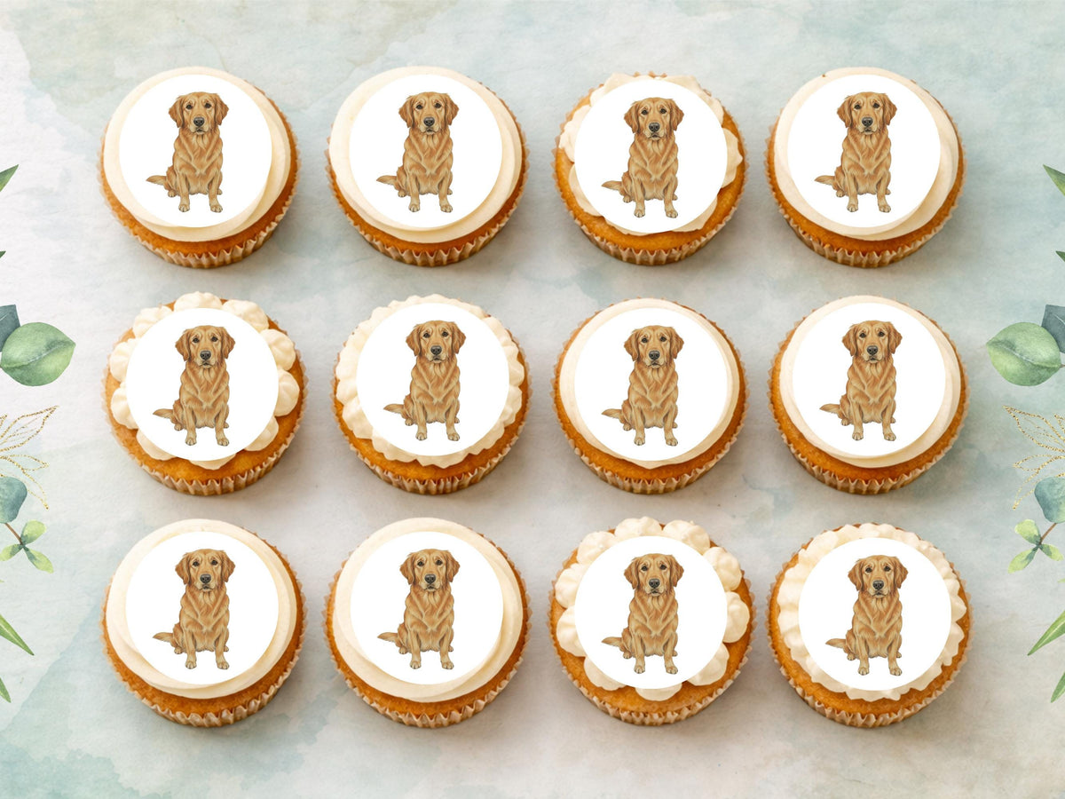 Golden Retriever Edible Cupcake Toppers 12 x 2" Dog Cake Toppers