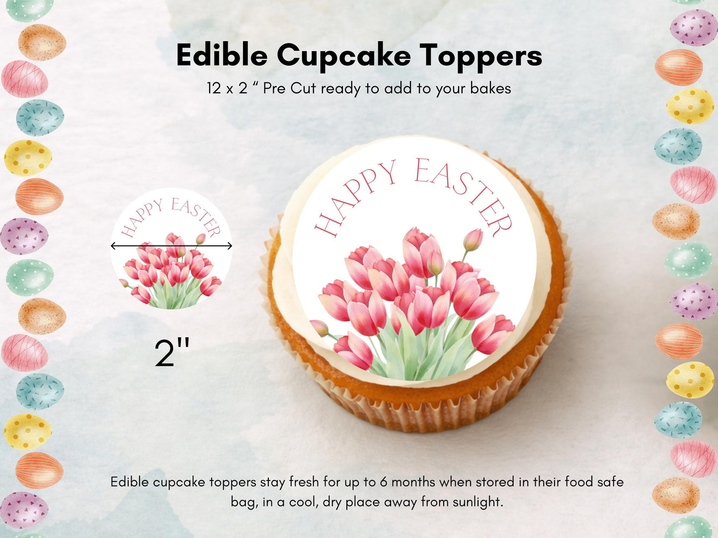 Happy Easter Edible Cupcake Toppers, Tulip Cupcake Decorations, Floral Easter Cake Toppers