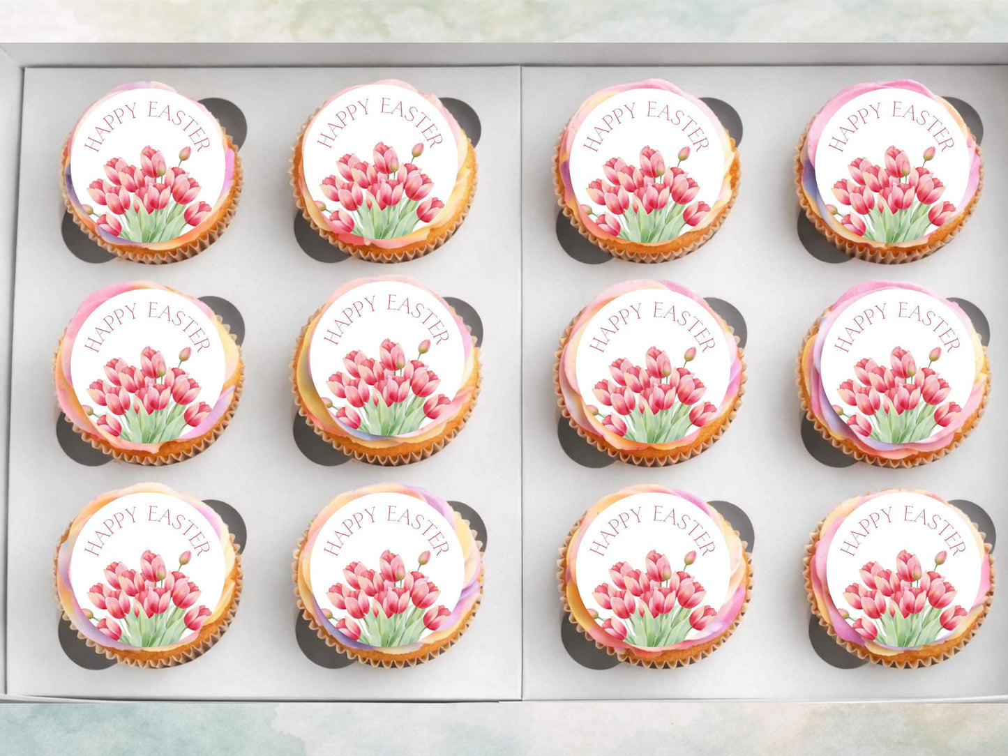 Happy Easter Edible Cupcake Toppers, Tulip Cupcake Decorations, Floral Easter Cake Toppers