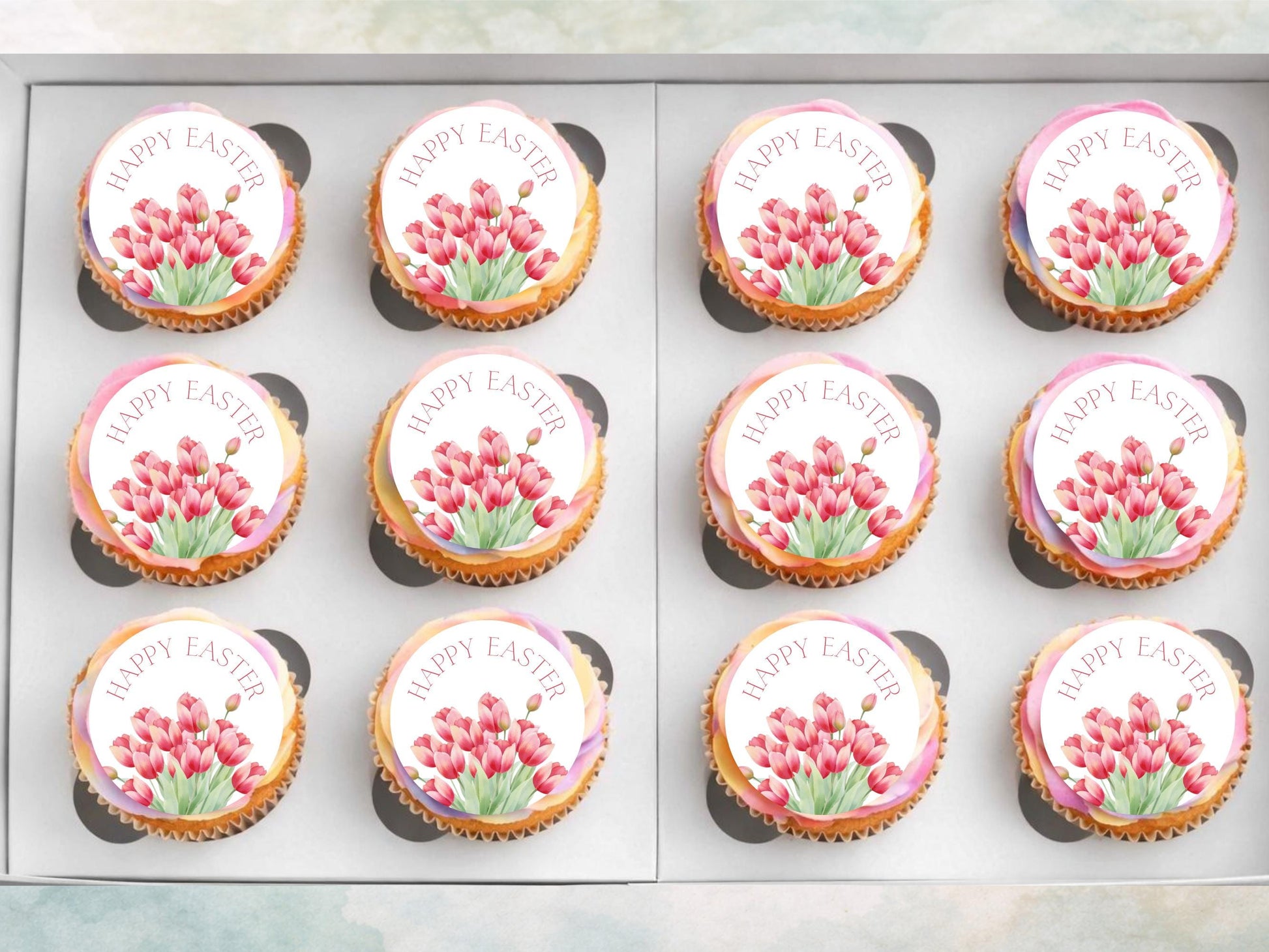 Happy Easter Edible Cupcake Toppers, Tulip Cupcake Decorations, Floral Easter Cake Toppers