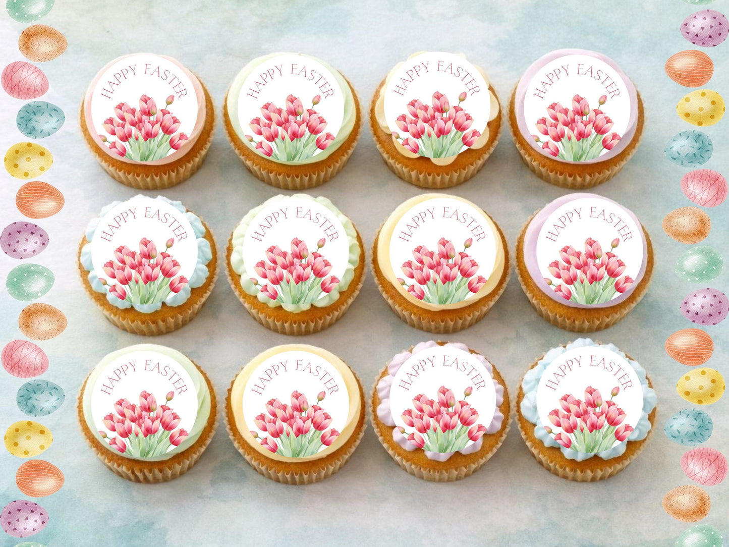 Happy Easter Edible Cupcake Toppers, Tulip Cupcake Decorations, Floral Easter Cake Toppers