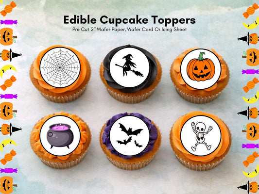 Halloween Edible Cupcake Toppers – Spooky Witch, Pumpkin & Skeleton (Pre-Cut)