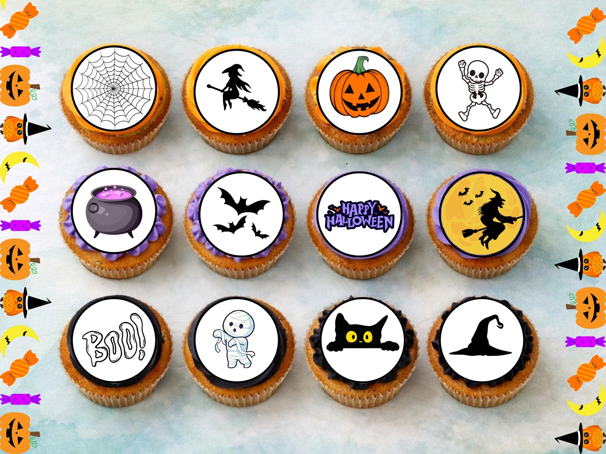 Halloween Cupcake Toppers – Spooky Witch, Pumpkin & Skeleton (Pre-Cut)