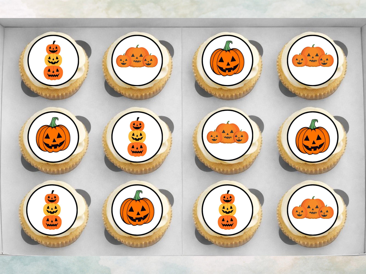 12 Pumpkin Halloween Edible Cupcake Toppers – Pre-cut, 2" (Wafer Paper, Card, Icing Sheet)