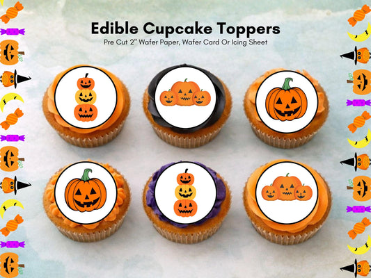 12 Pumpkin Halloween Edible Cupcake Toppers – Pre-cut, 2" (Wafer Paper, Card, Icing Sheet)
