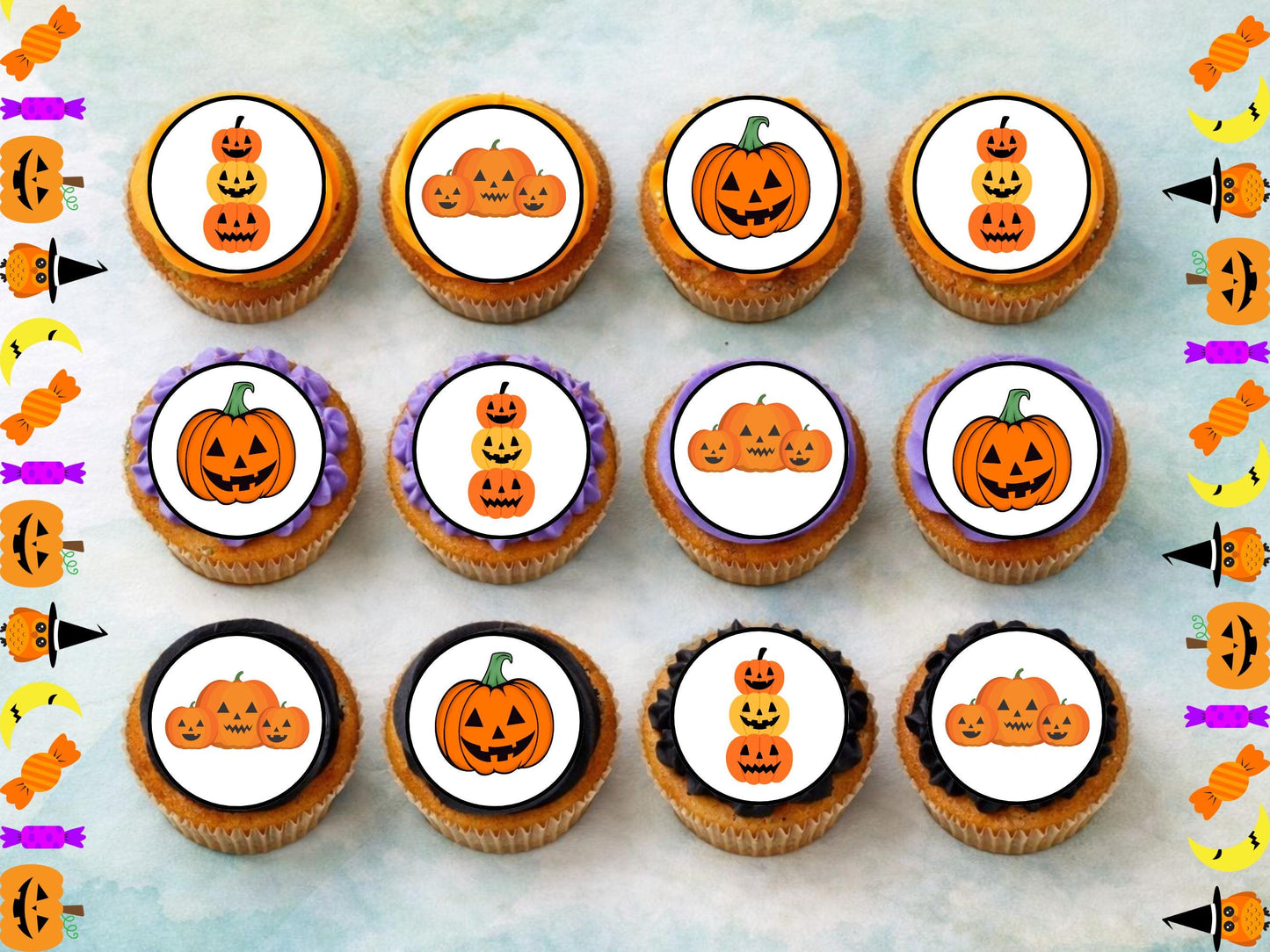 12 Pumpkin Halloween Edible Cupcake Toppers – Pre-cut, 2" (Wafer Paper, Card, Icing Sheet)
