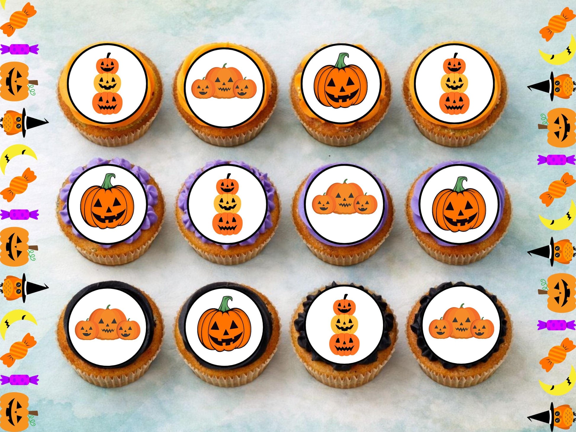 12 Pumpkin Halloween Edible Cupcake Toppers – Pre-cut, 2" (Wafer Paper, Card, Icing Sheet)