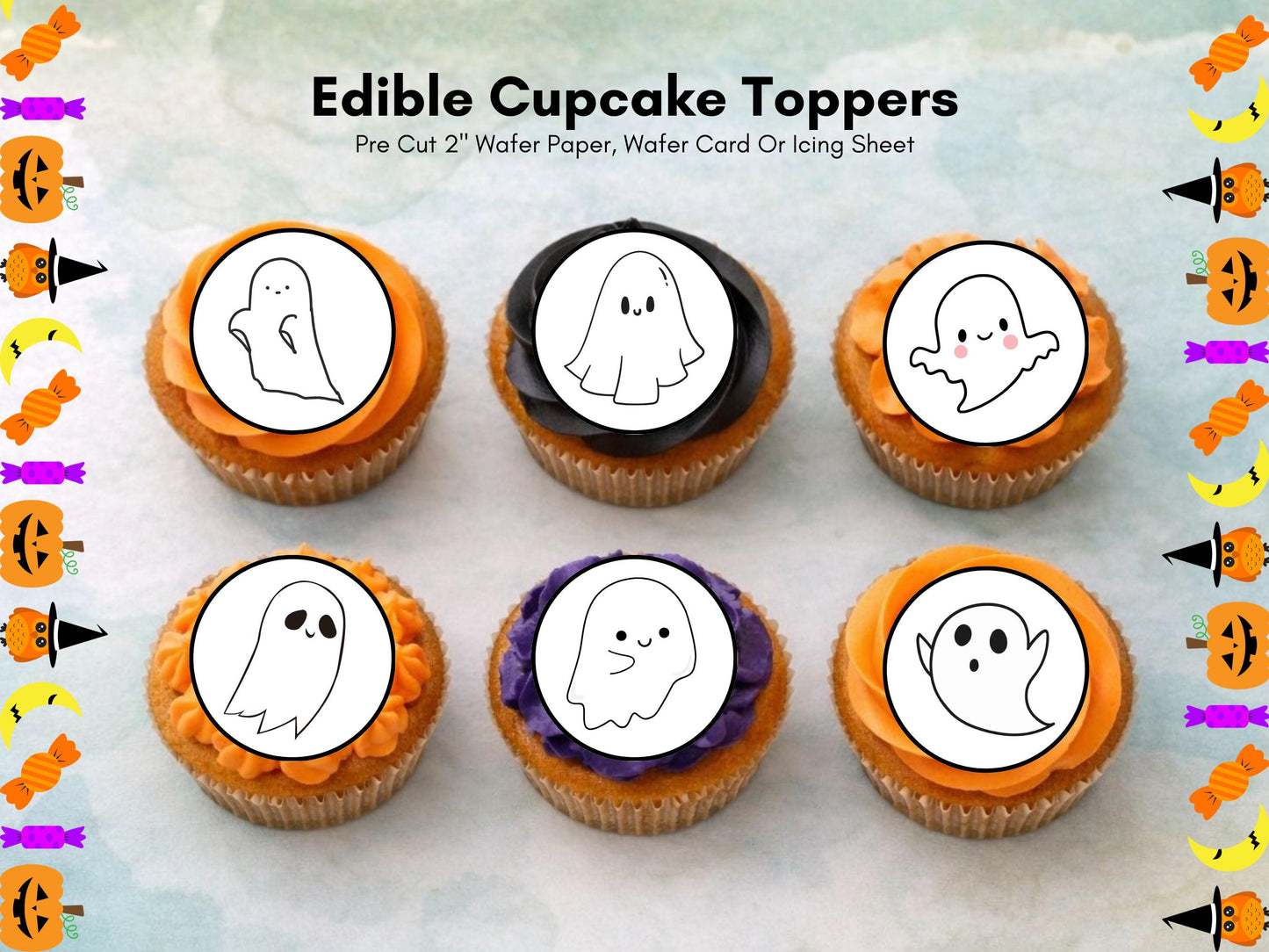 Cute Ghost Edible Cupcake Toppers 12 x 2" – Pre cut Wafer Paper, Card or Icing Sheet, Halloween Spooky Cake Decorations