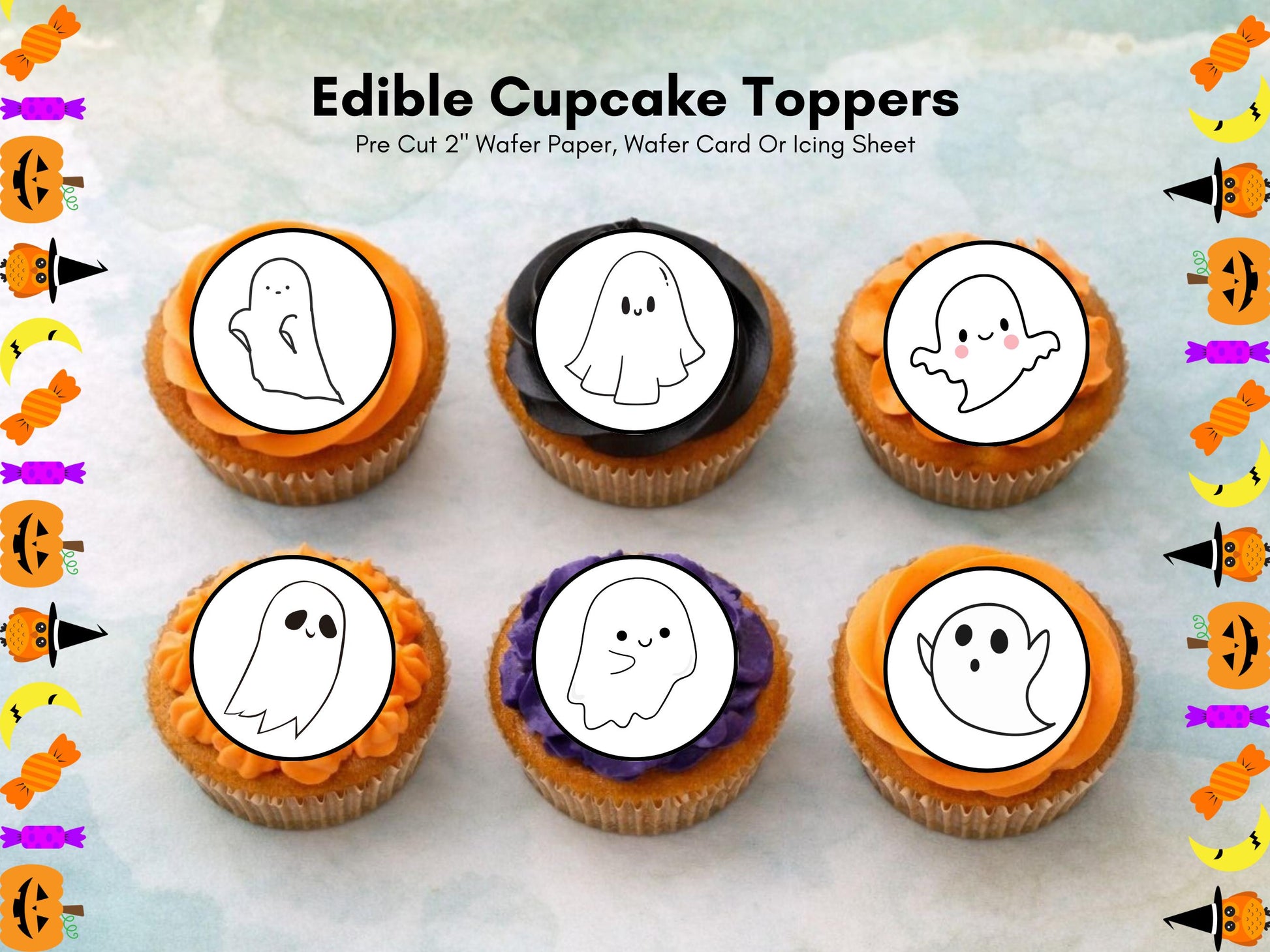 Cute Ghost Edible Cupcake Toppers 12 x 2" – Pre cut Wafer Paper, Card or Icing Sheet, Halloween Spooky Cake Decorations
