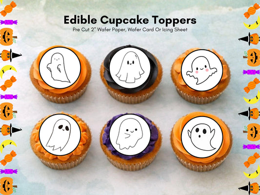 Cute Ghost Edible Cupcake Toppers 12 x 2" – Pre cut Wafer Paper, Card or Icing Sheet, Halloween Spooky Cake Decorations
