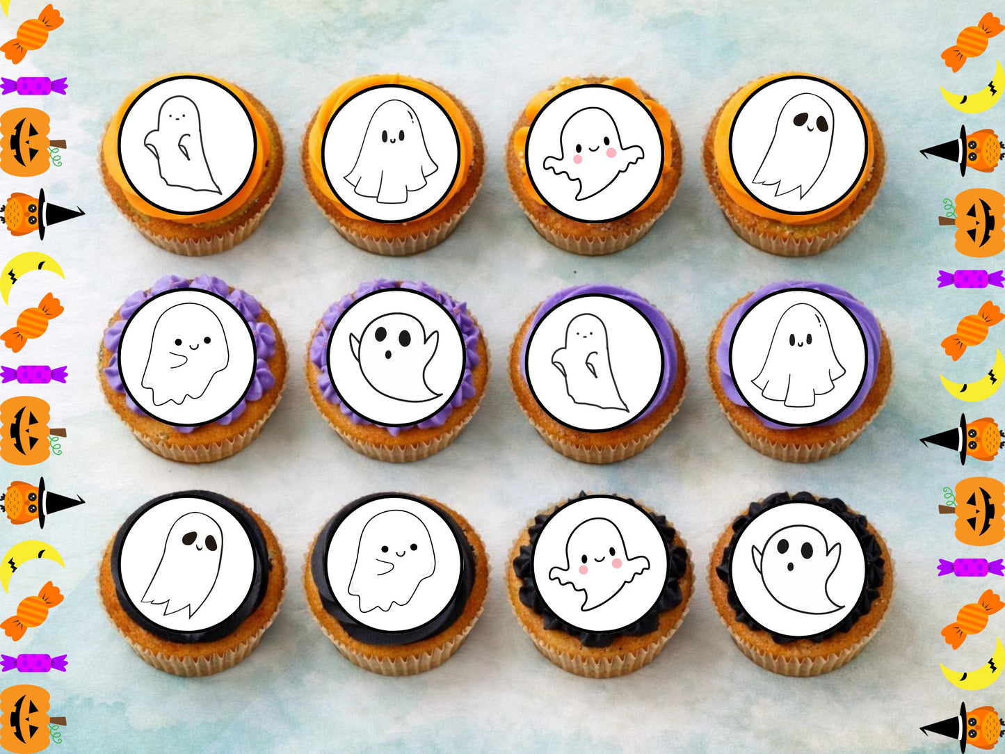 Cute Ghost Edible Cupcake Toppers 12 x 2" – Pre cut Wafer Paper, Card or Icing Sheet, Halloween Spooky Cake Decorations