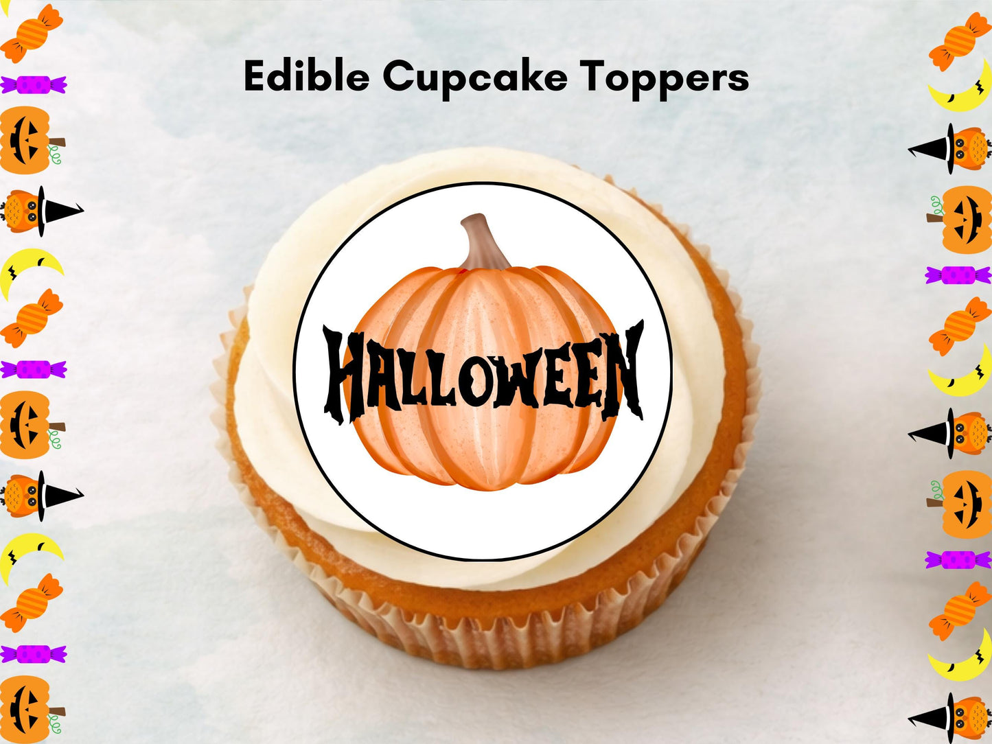 Halloween Edible Cupcake Toppers – Witch, Pumpkin, Bat (Wafer Paper, Card, Icing)