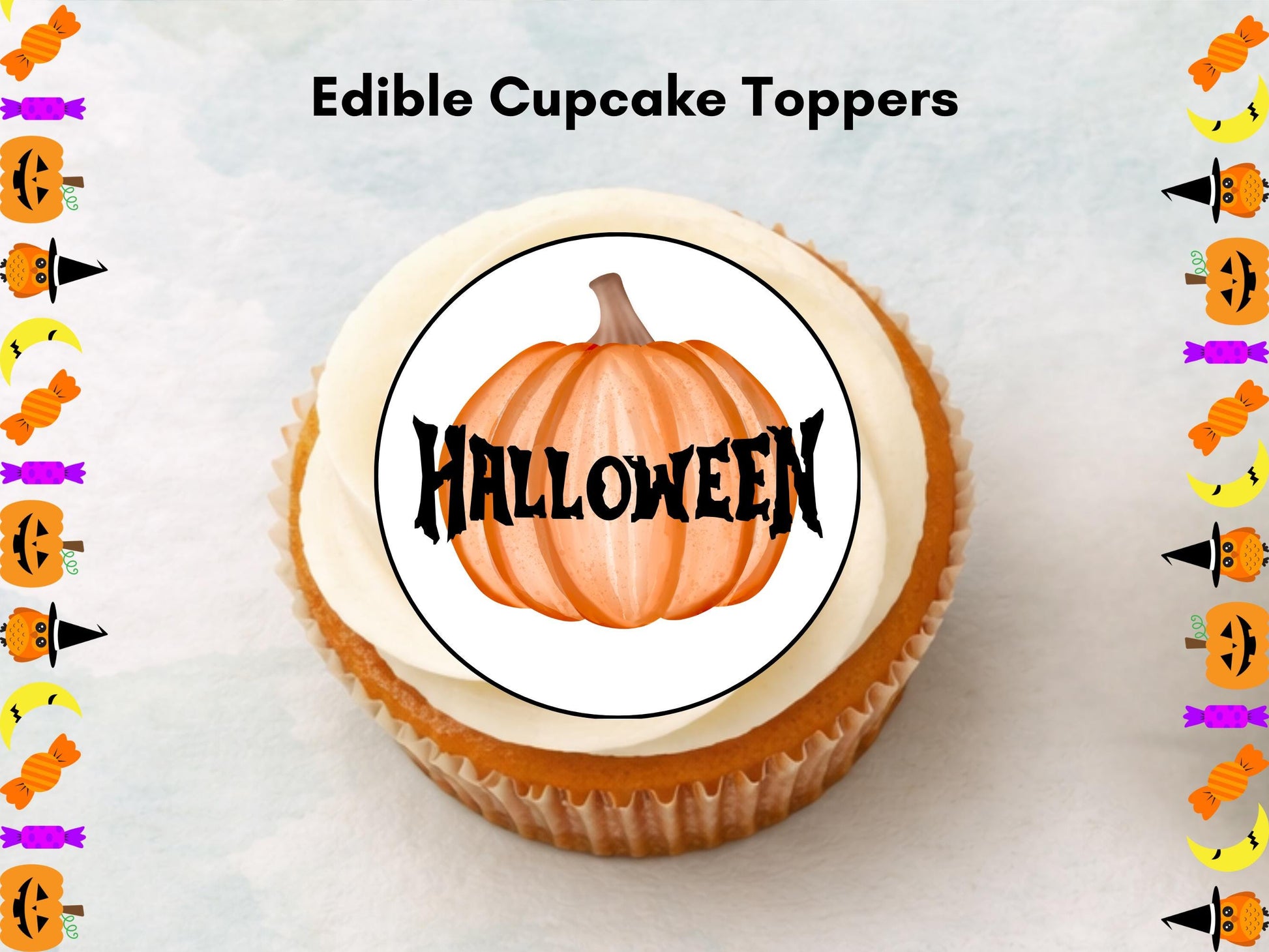 Halloween Edible Cupcake Toppers – Witch, Pumpkin, Bat (Wafer Paper, Card, Icing)