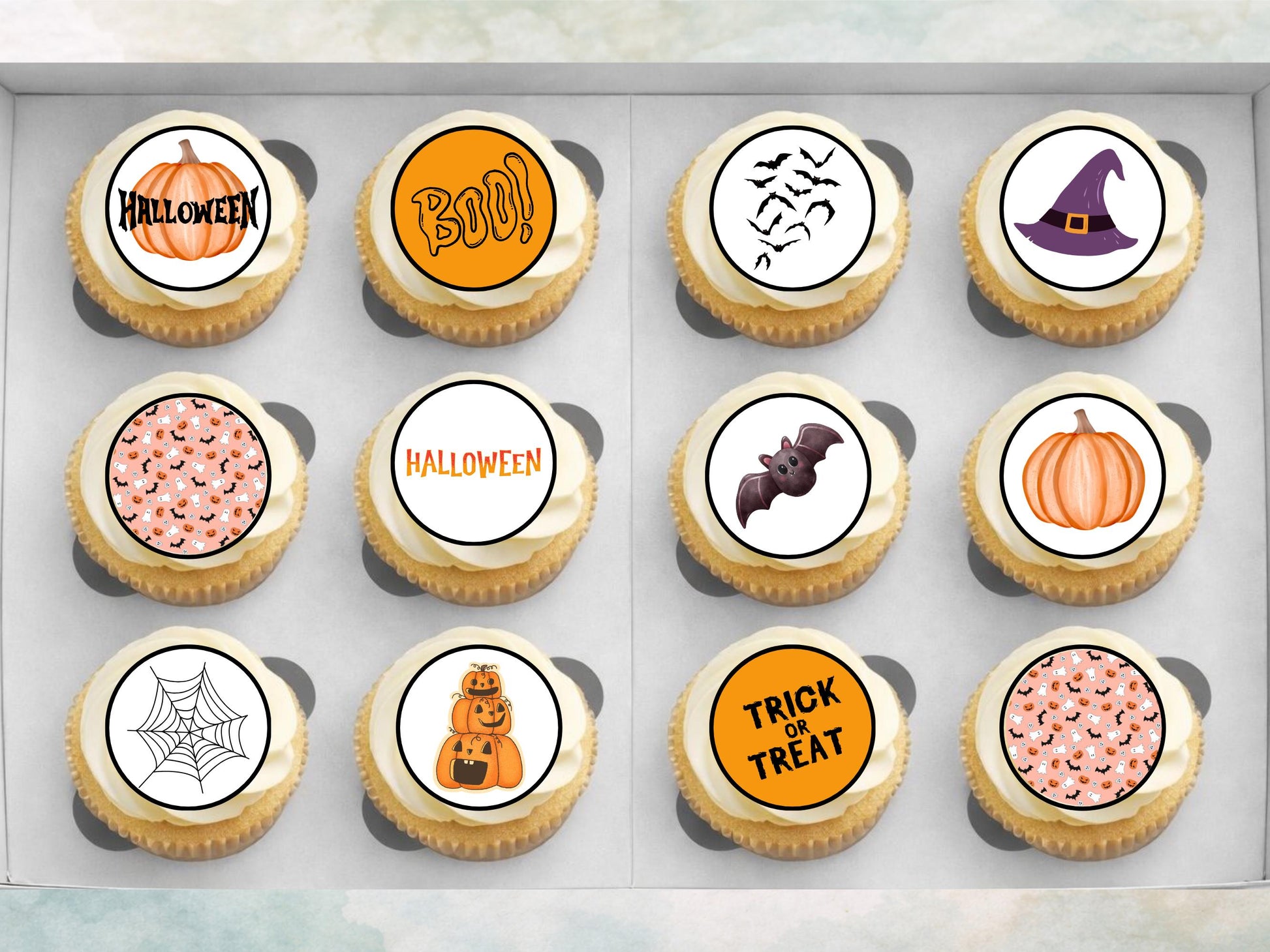Halloween Edible Cupcake Toppers – Witch, Pumpkin, Bat (Wafer Paper, Card, Icing)